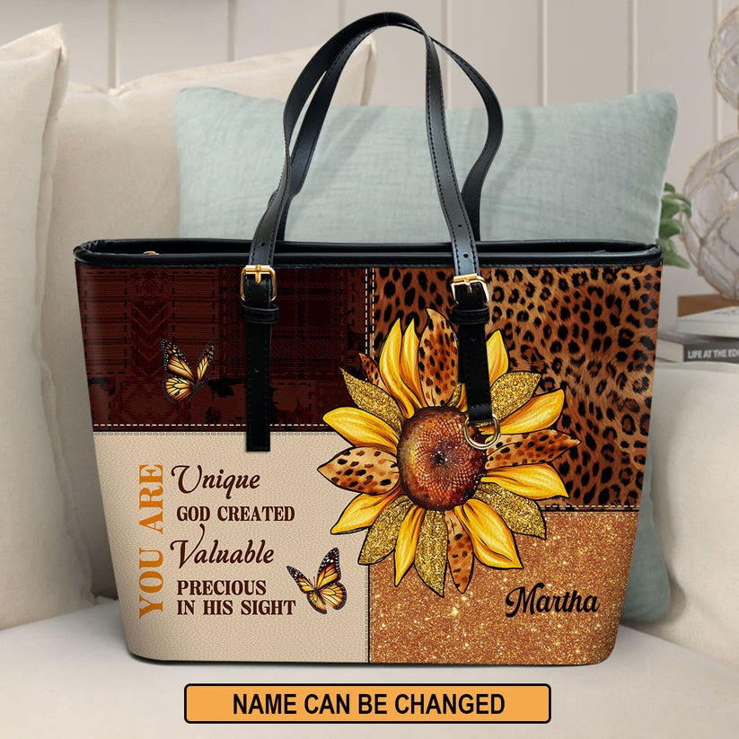 Personalized Christian Leather Handbag, Sunflower Leopard Print Purse, You Are Unique Valuable Precious Bible Verse Bag BLAF45